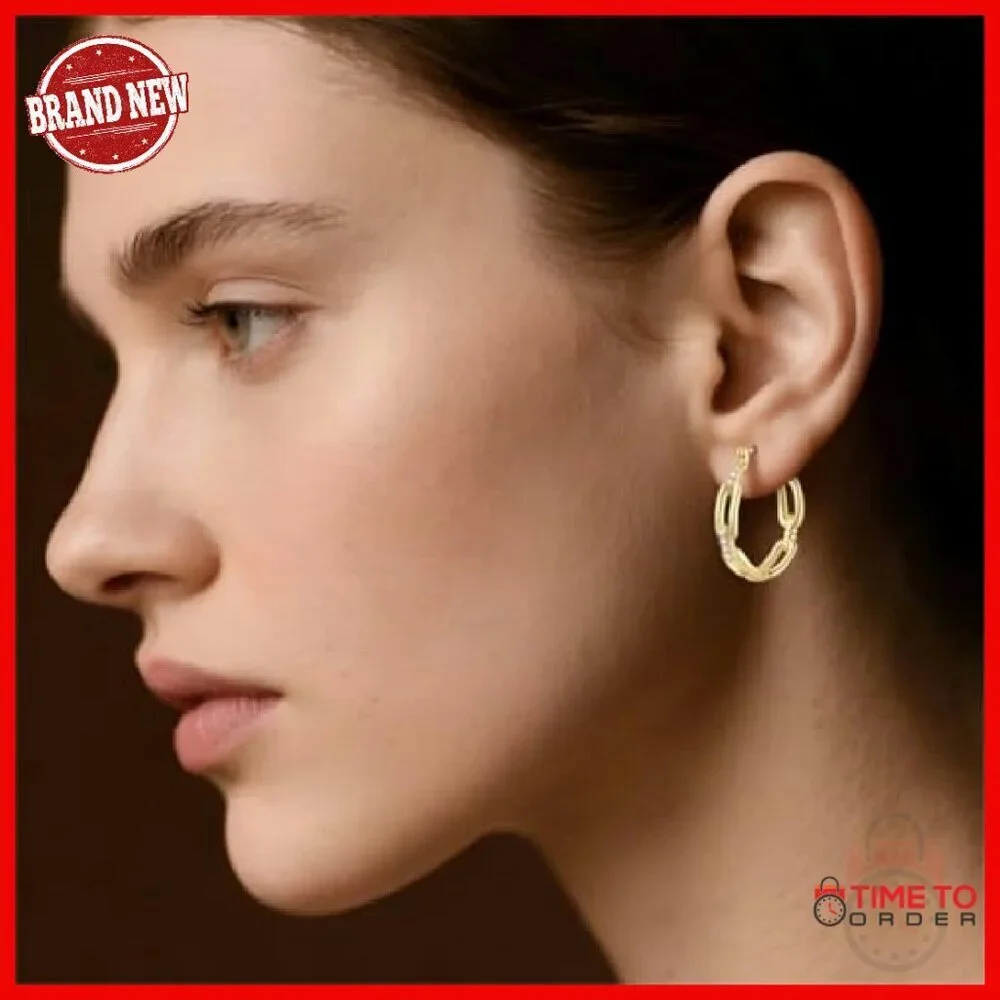 14K Gold Plated Hoop Earrings 30mm Cable Design Zircon Accent
